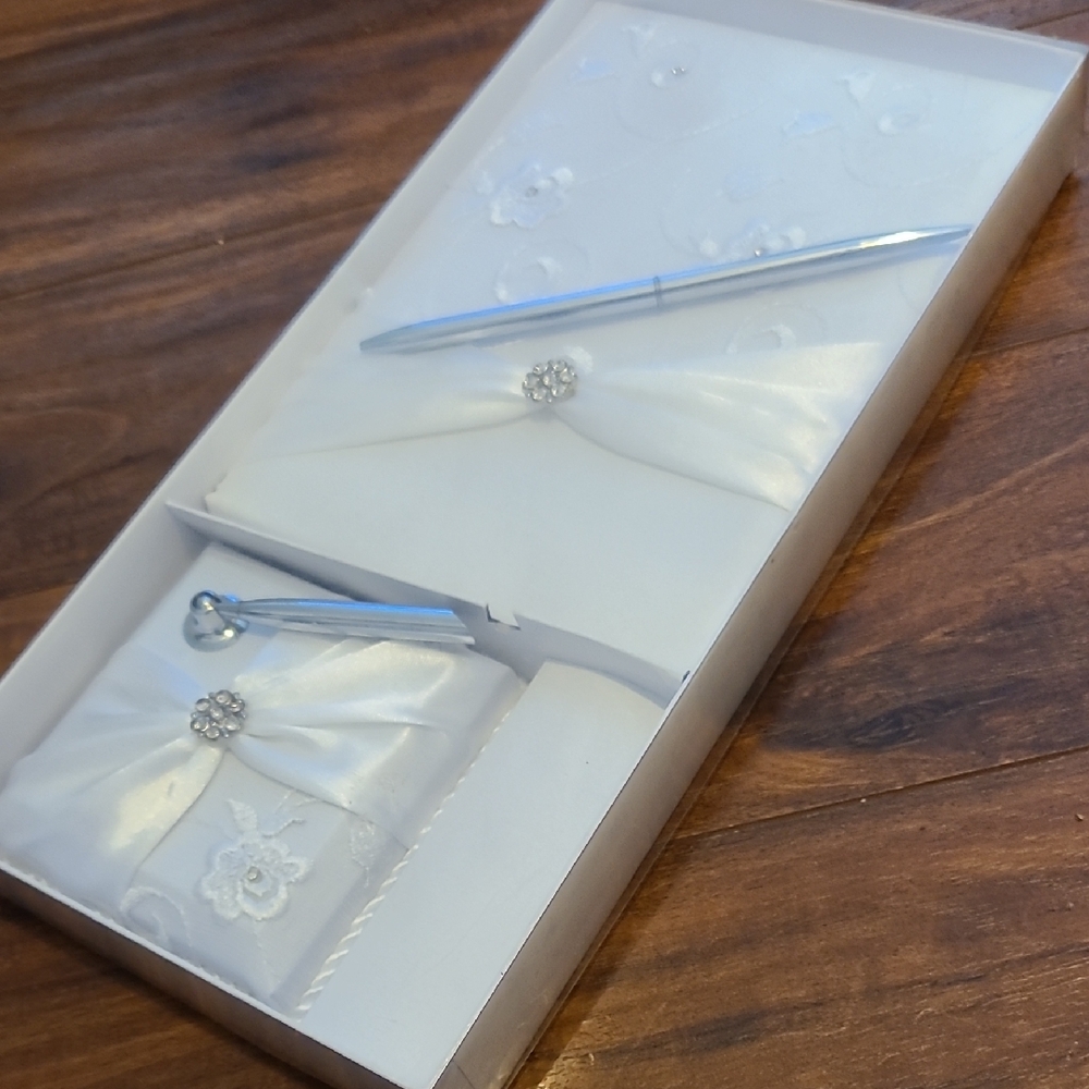 Elegant White Wedding Guest Book and Pen Set
